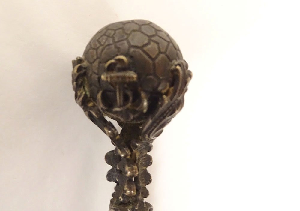 Sceau cachet bronze argenté ancres marines feuillage globe monogramme XIXè-photo-2