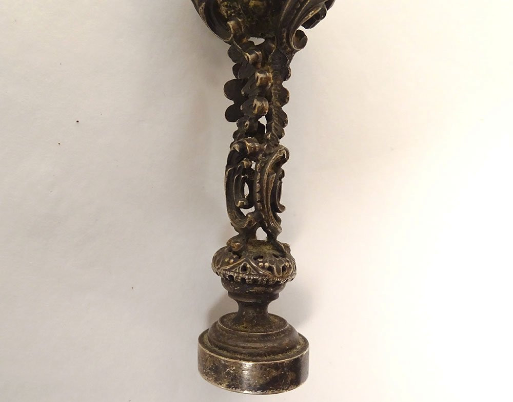 Sceau cachet bronze argenté ancres marines feuillage globe monogramme XIXè-photo-3