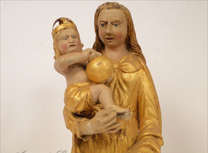 Sculpture Of The Virgin And Child Jesus, Carved And Gilded Wood, 17th Century-photo-3