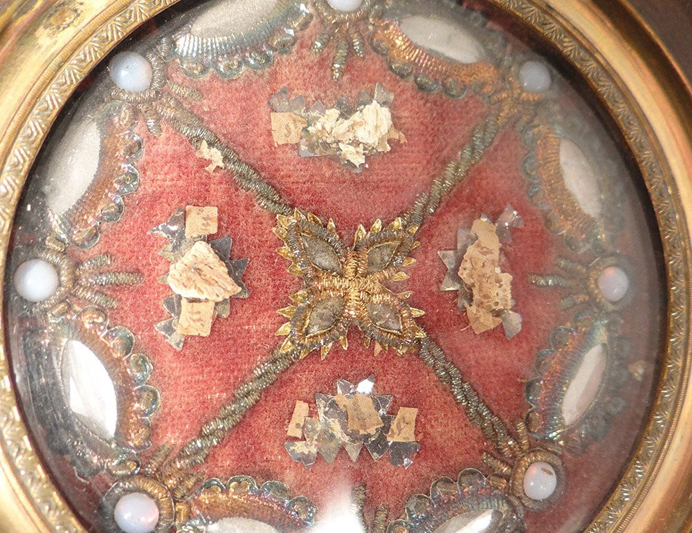 Reliquaire cadre bois Saints cabochons nacre fleurs XIXè-photo-4