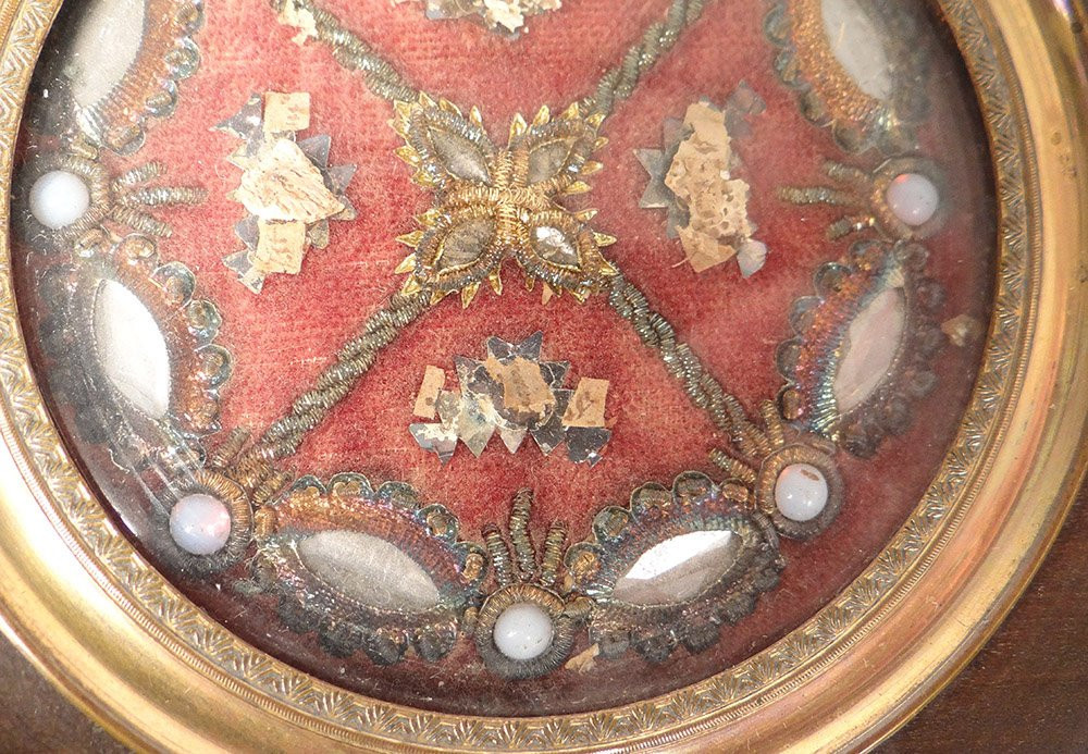 Reliquaire cadre bois Saints cabochons nacre fleurs XIXè-photo-2