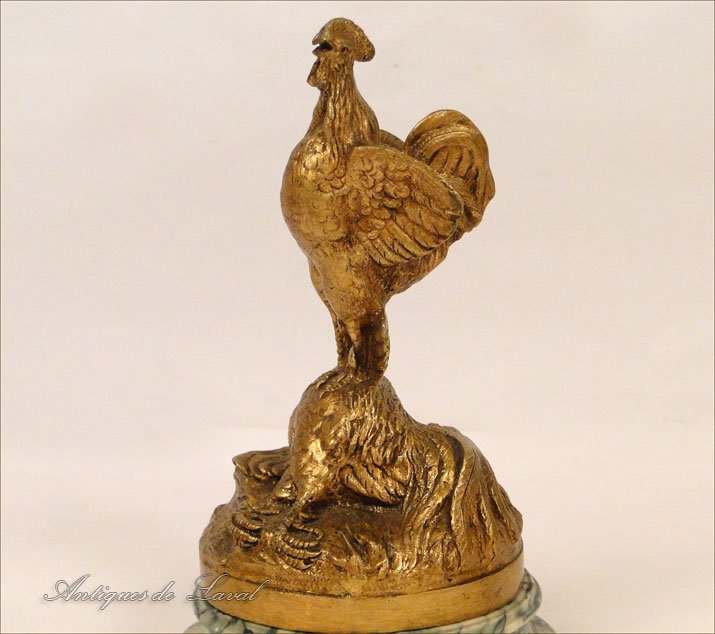 Sculpture bronze doré marbre combat coqs Dominique Alonzo XIXème-photo-2
