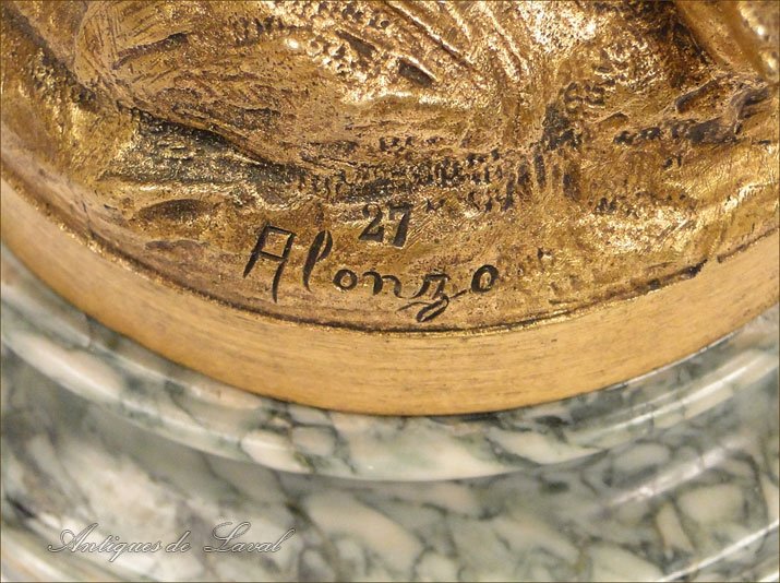 Sculpture bronze doré marbre combat coqs Dominique Alonzo XIXème-photo-3