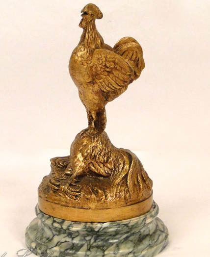 Sculpture bronze doré marbre combat coqs Dominique Alonzo XIXème