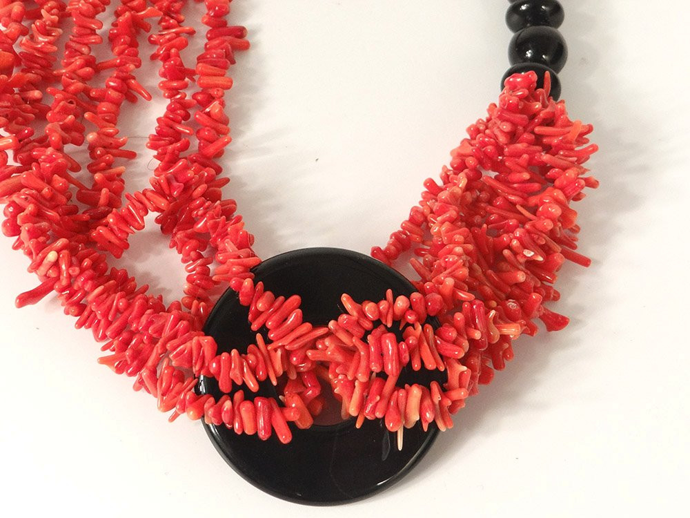 Necklace Red Coral Turquoise Glass Beads Contemporary Design XXth Century-photo-2
