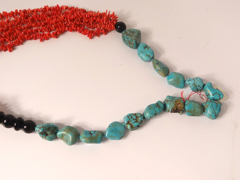 Necklace Red Coral Turquoise Glass Beads Contemporary Design XXth Century-photo-3