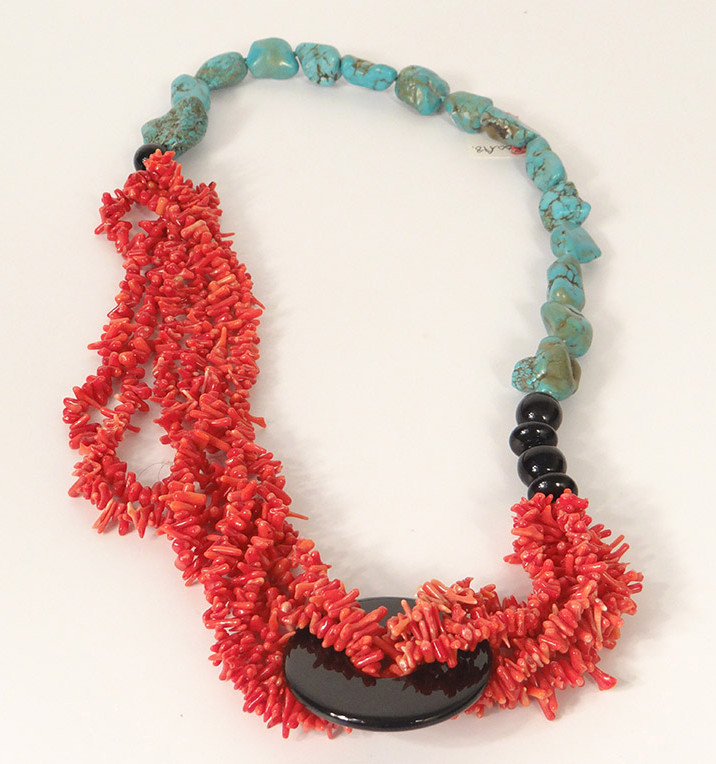 Necklace Red Coral Turquoise Glass Beads Contemporary Design XXth Century
