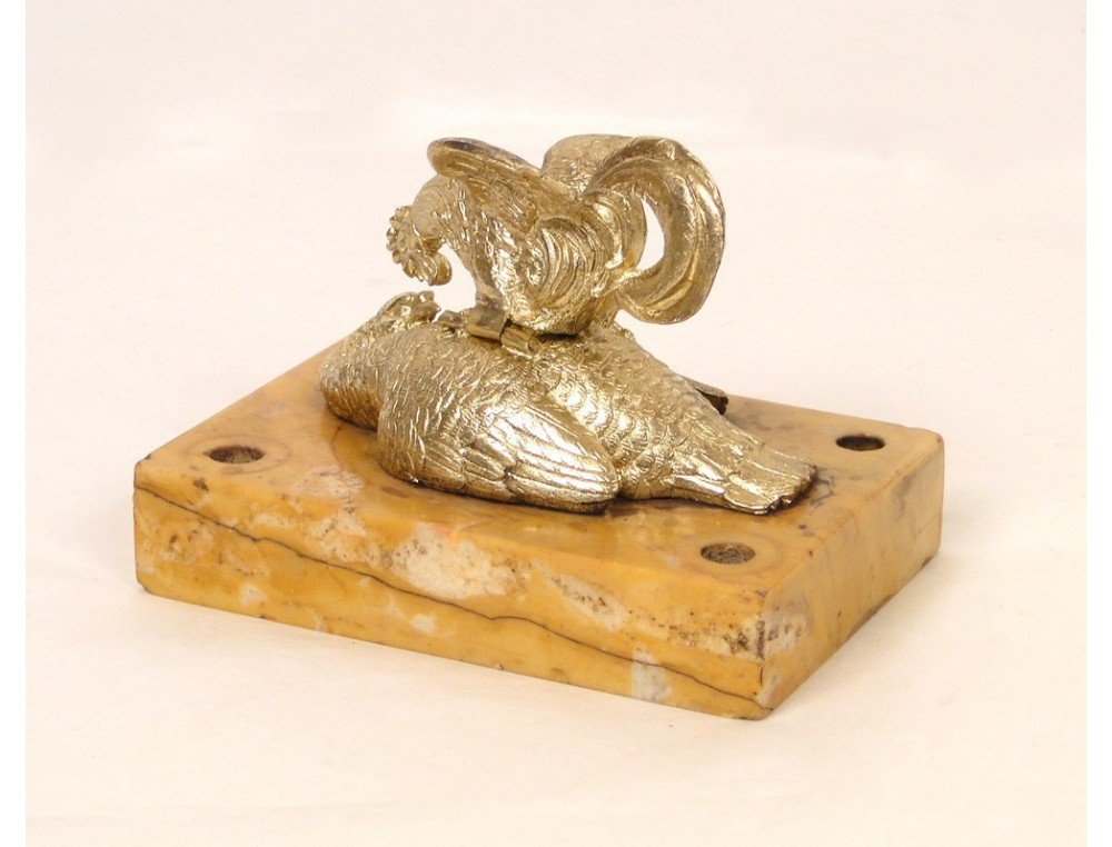 Encrier Bronze Doré Basse-Cour Coq Poule Marbre XIXè-photo-2