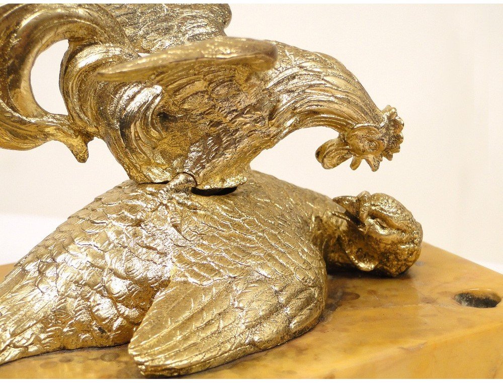 Encrier Bronze Doré Basse-Cour Coq Poule Marbre XIXè-photo-1