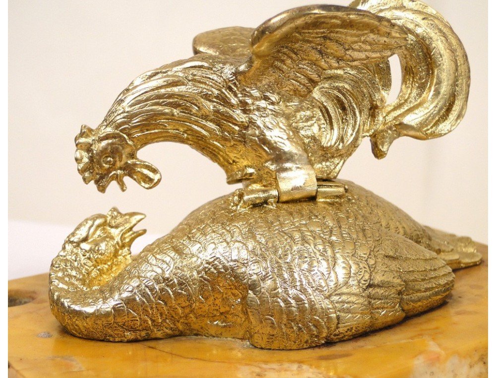 Encrier Bronze Doré Basse-Cour Coq Poule Marbre XIXè-photo-2