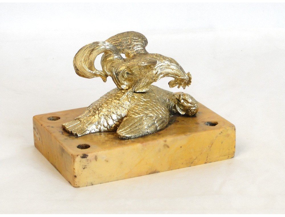 Encrier Bronze Doré Basse-Cour Coq Poule Marbre XIXè-photo-3