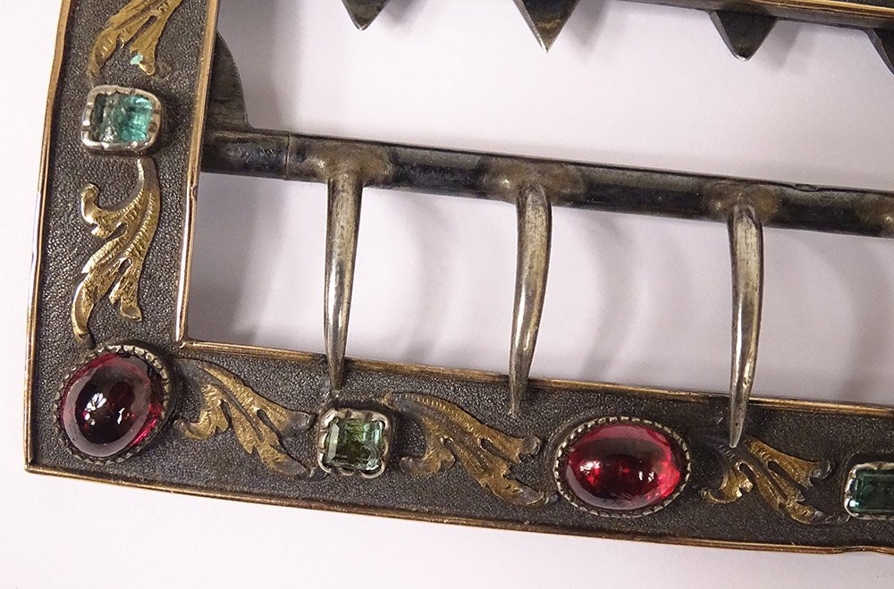 Solid Silver Hat Buckle With Colored Garnet Cabochons Early 20th Century-photo-2