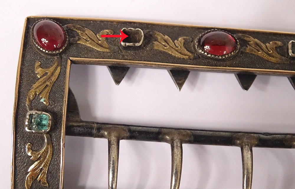 Solid Silver Hat Buckle With Colored Garnet Cabochons Early 20th Century-photo-3