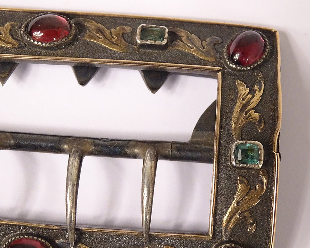 Solid Silver Hat Buckle With Colored Garnet Cabochons Early 20th Century-photo-4