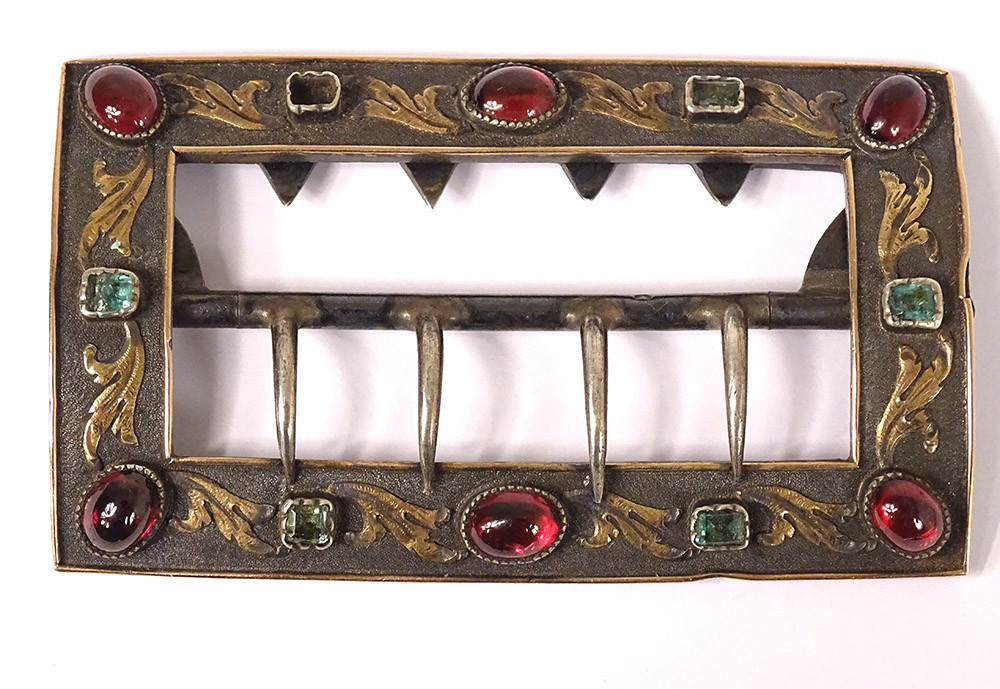 Solid Silver Hat Buckle With Colored Garnet Cabochons Early 20th Century