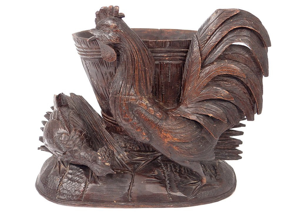 Sculpture Vase Flower Holder Jardiniere Carved Wood Black Forest Cock XIXth Century-photo-2