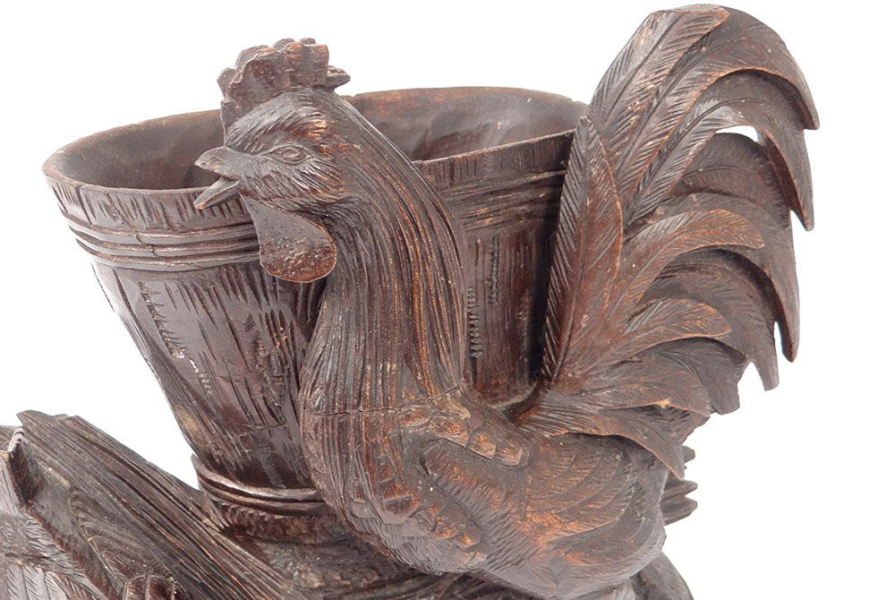 Sculpture Vase Flower Holder Jardiniere Carved Wood Black Forest Cock XIXth Century-photo-3