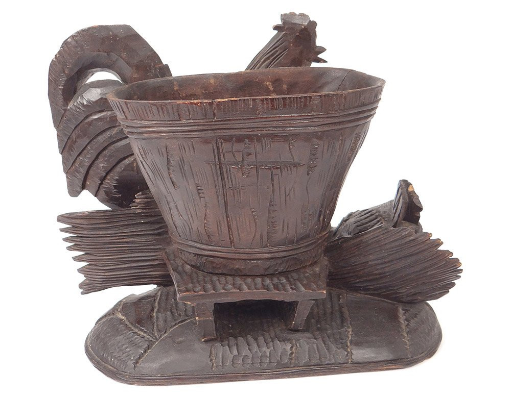 Sculpture Vase Flower Holder Jardiniere Carved Wood Black Forest Cock XIXth Century-photo-1
