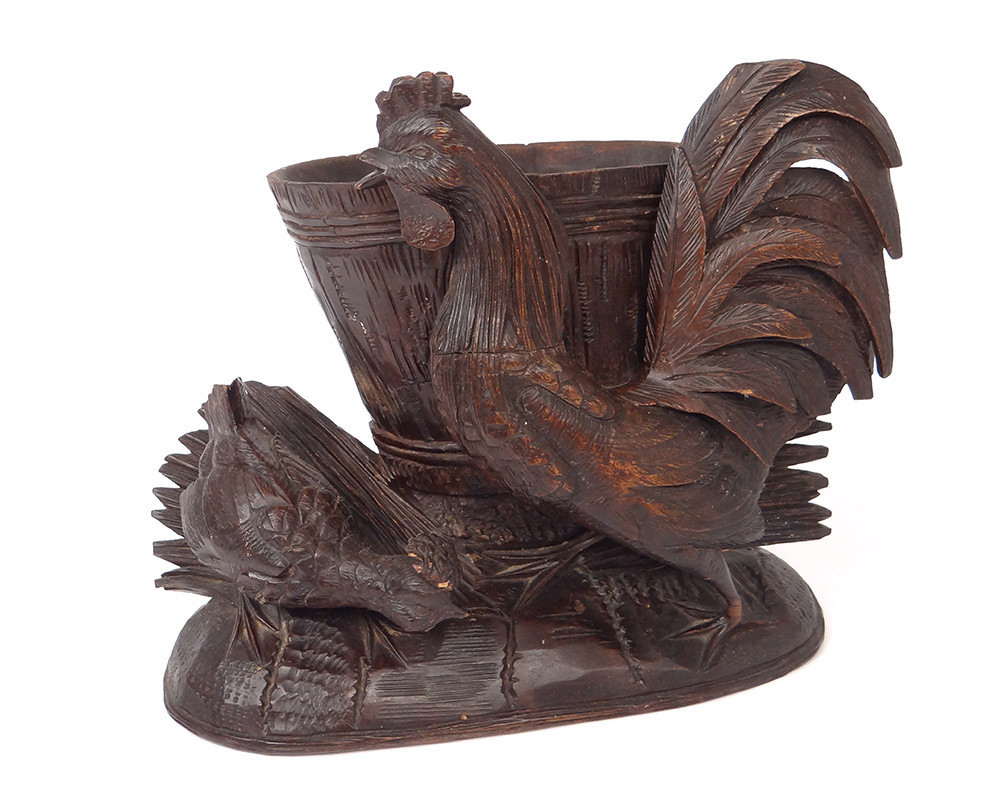 Sculpture Vase Flower Holder Jardiniere Carved Wood Black Forest Cock XIXth Century