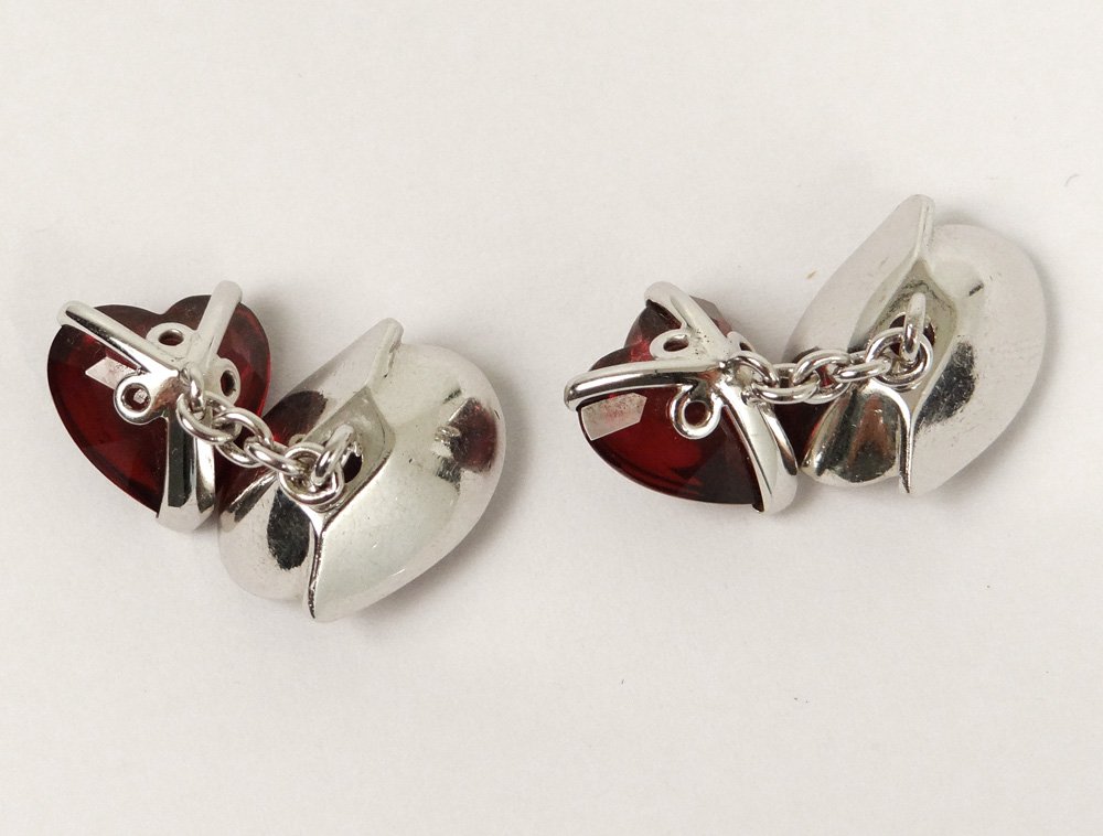 Paire boutons de manchette or blanc rubellite tourmaline rouge XXème siècle-photo-2