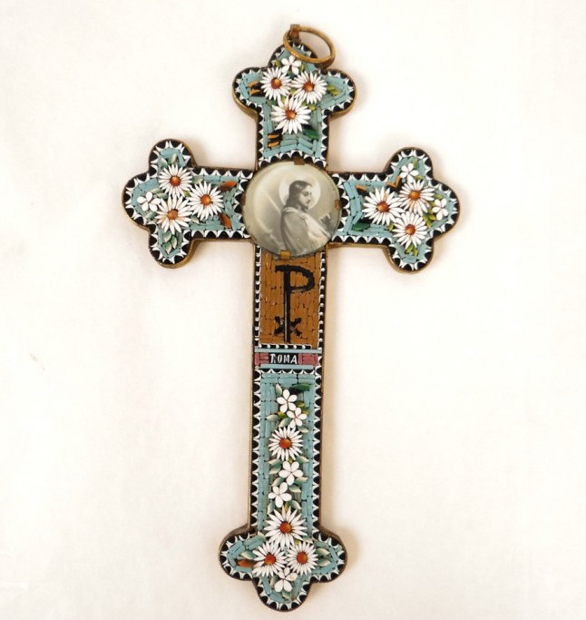 Croix micro-mosaïque fleurs Christ Grand Tour Italie Rome laiton XIXème