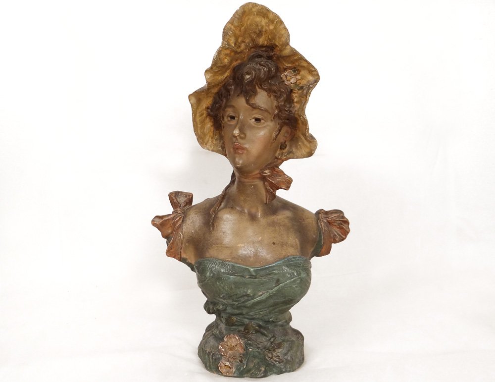 Sculpture buste terre cuite polychrome Pablo Rigual jeune femme fleurs XIXè-photo-2