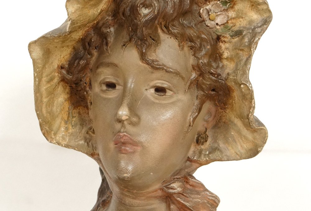 Sculpture buste terre cuite polychrome Pablo Rigual jeune femme fleurs XIXè-photo-4
