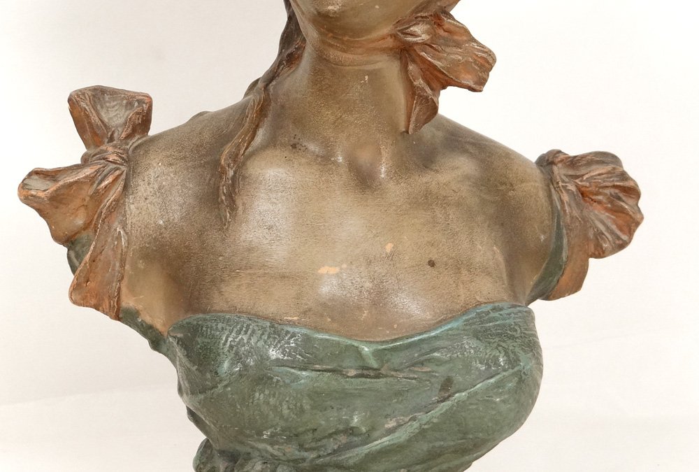 Sculpture buste terre cuite polychrome Pablo Rigual jeune femme fleurs XIXè-photo-1