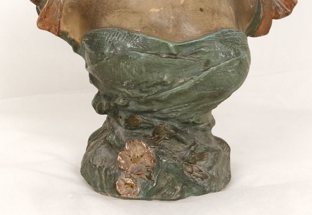 Sculpture buste terre cuite polychrome Pablo Rigual jeune femme fleurs XIXè-photo-2