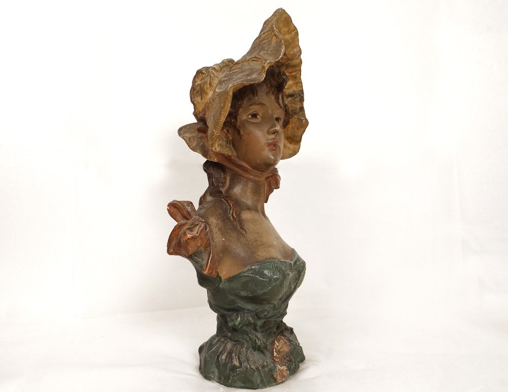 Sculpture buste terre cuite polychrome Pablo Rigual jeune femme fleurs XIXè-photo-3