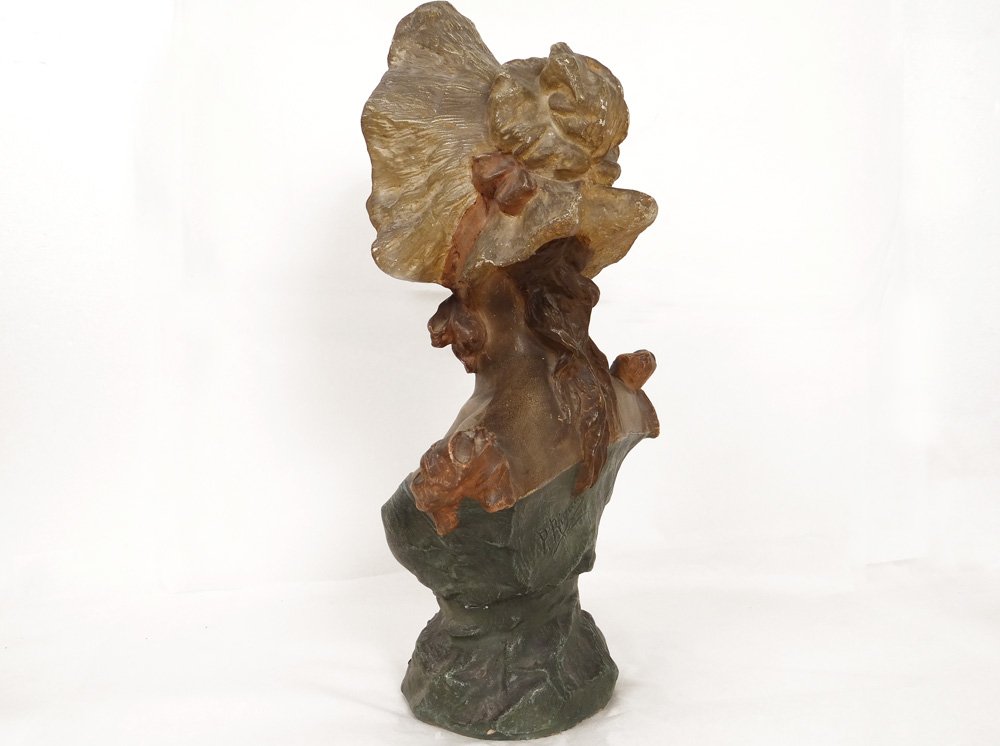 Sculpture buste terre cuite polychrome Pablo Rigual jeune femme fleurs XIXè-photo-4