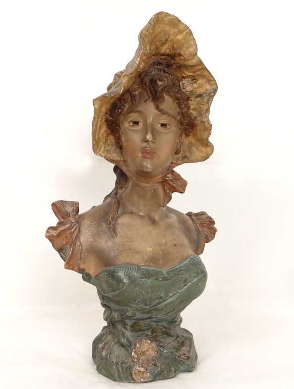 Sculpture buste terre cuite polychrome Pablo Rigual jeune femme fleurs XIXè