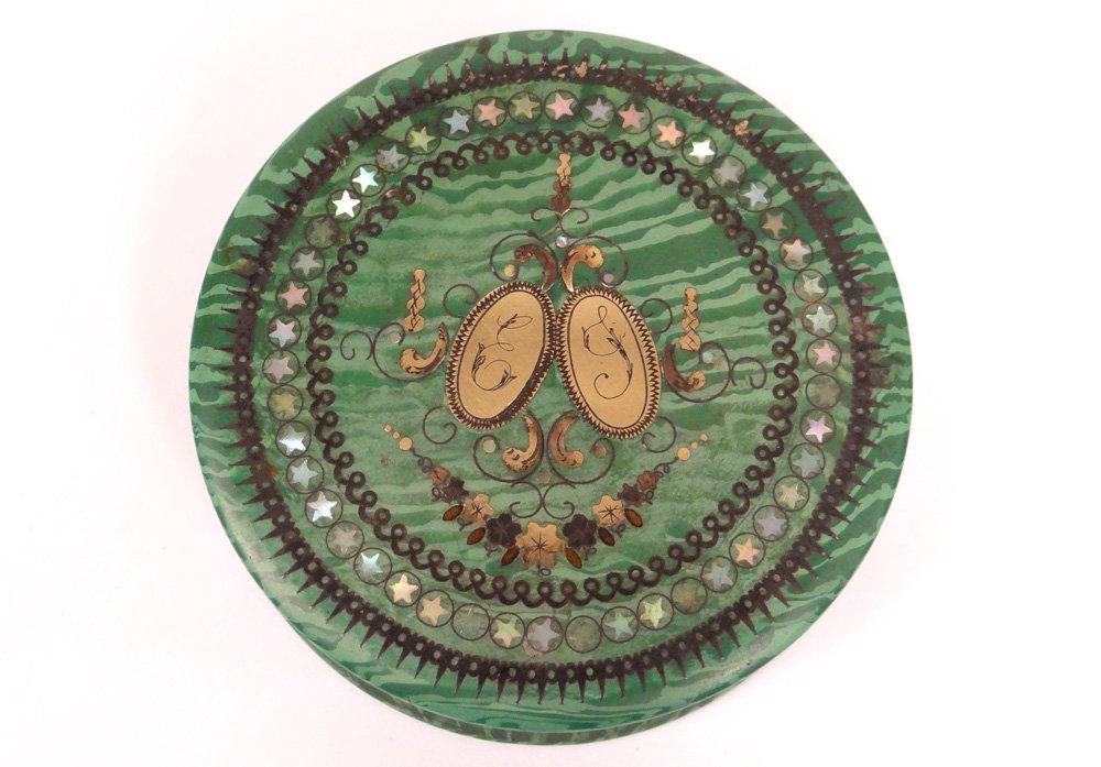 Boîte ronde malachite laiton doré nacre étoiles monogramme XIXème siècle-photo-2