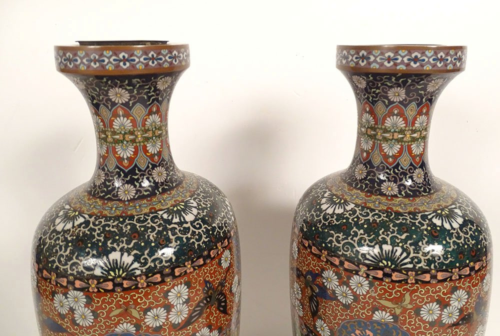 Paire vases amphores émaux cloisonnés Nagoya Japon Meiji dragons fin XIXème-photo-2