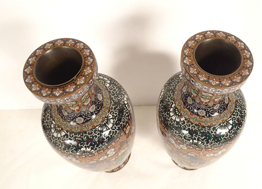 Paire vases amphores émaux cloisonnés Nagoya Japon Meiji dragons fin XIXème-photo-3