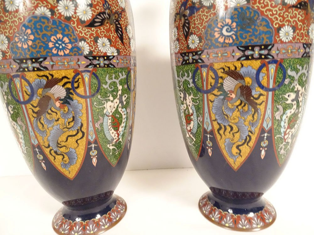 Paire vases amphores émaux cloisonnés Nagoya Japon Meiji dragons fin XIXème-photo-4