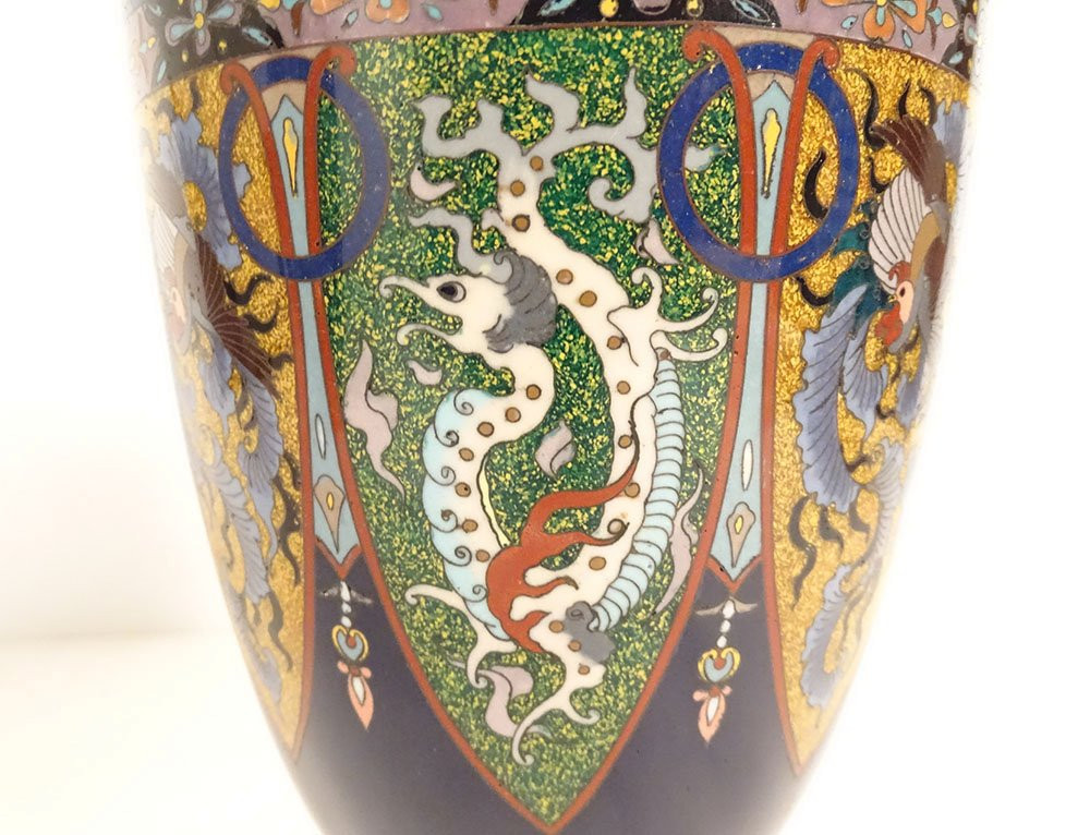 Paire vases amphores émaux cloisonnés Nagoya Japon Meiji dragons fin XIXème-photo-6