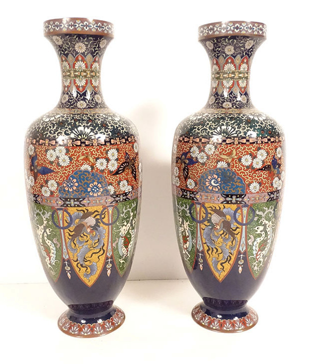 Paire vases amphores émaux cloisonnés Nagoya Japon Meiji dragons fin XIXème