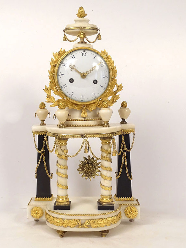 Louis XVI Portico Clock With White Marble Columns, Gilt Bronze Vases, 18th Century