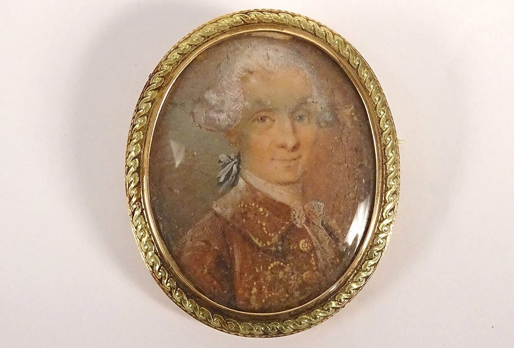 18k Solid Gold Medallion Brooch Painted Miniature Portrait Of 18th Century Aristocrat-photo-2