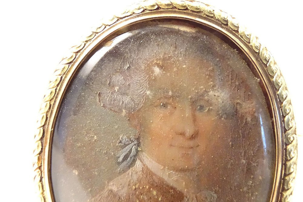 18k Solid Gold Medallion Brooch Painted Miniature Portrait Of 18th Century Aristocrat-photo-4