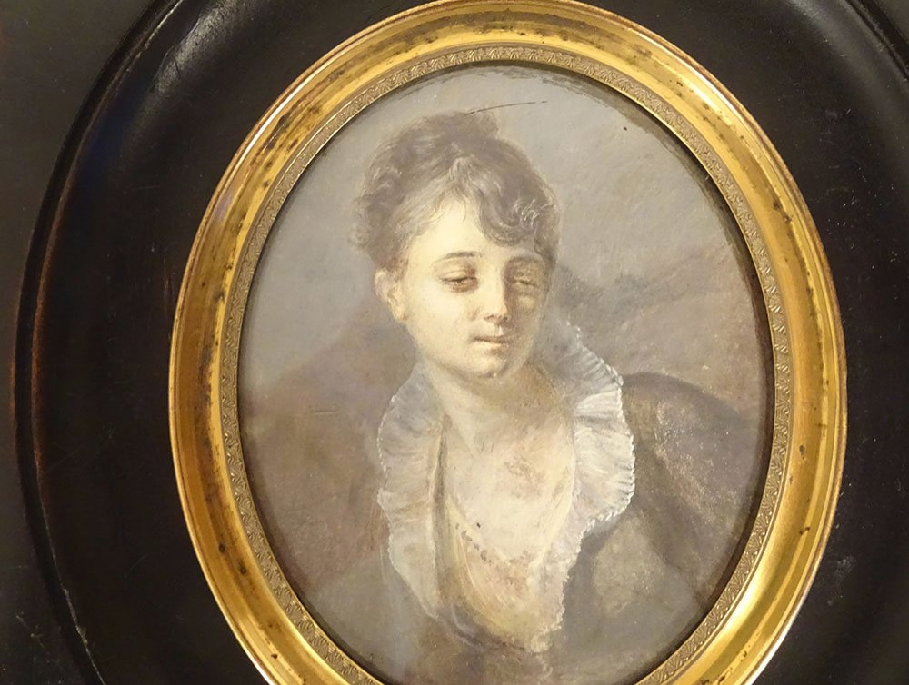Miniature On Paper Portrait Of A Young Woman Dozing In A Wooden Frame 19th Century-photo-2