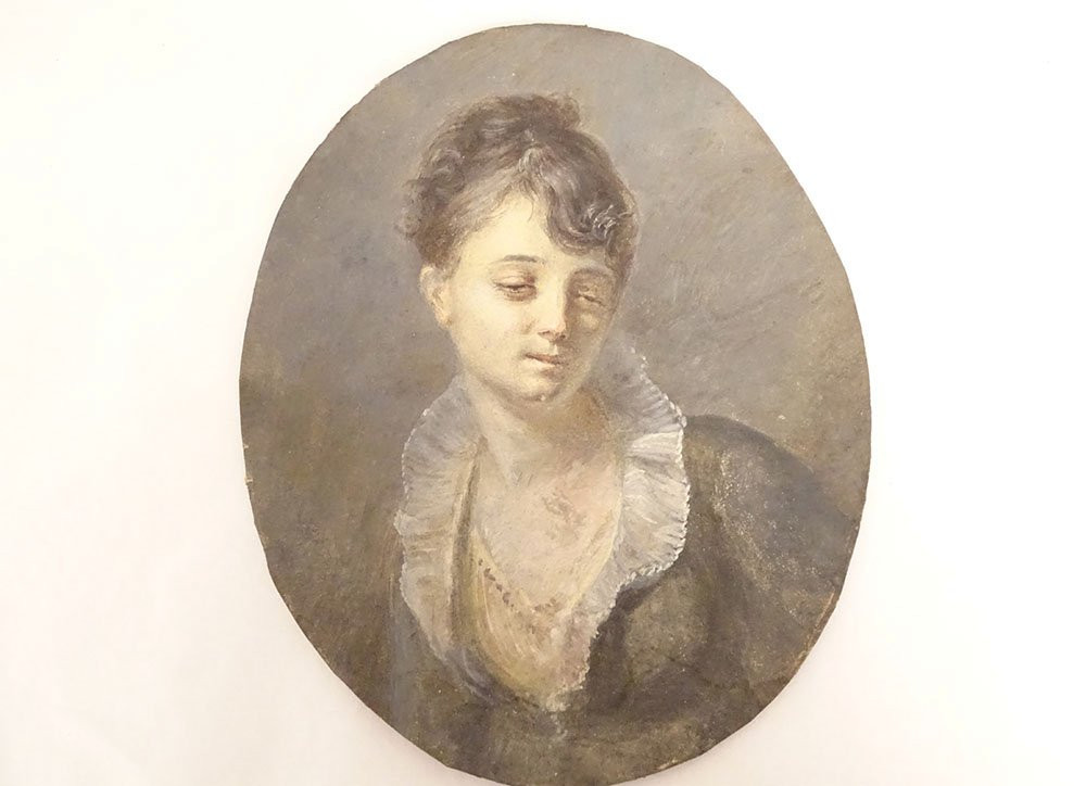 Miniature On Paper Portrait Of A Young Woman Dozing In A Wooden Frame 19th Century-photo-3
