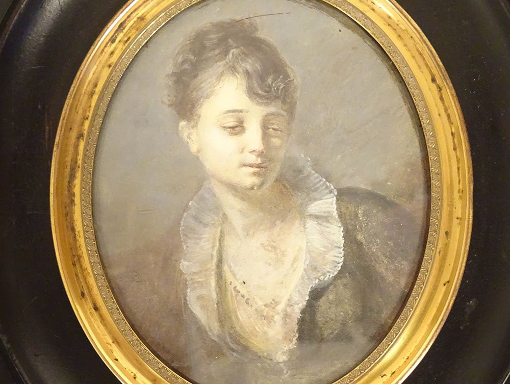 Miniature On Paper Portrait Of A Young Woman Dozing In A Wooden Frame 19th Century-photo-4