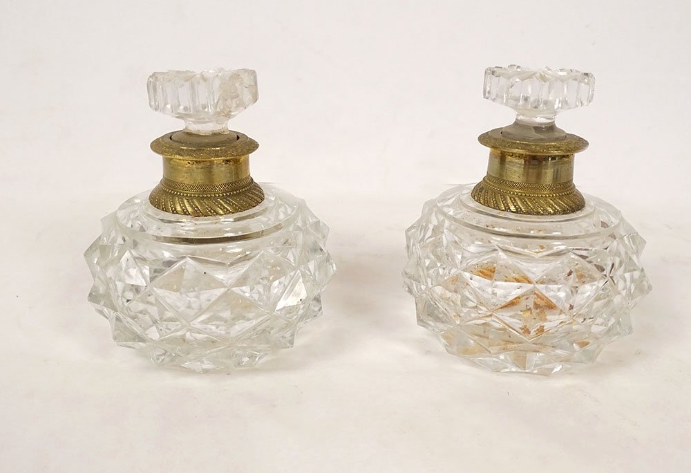 Paire flacons parfum cristal le Creusot Baccarat bronze Restauration XIXè