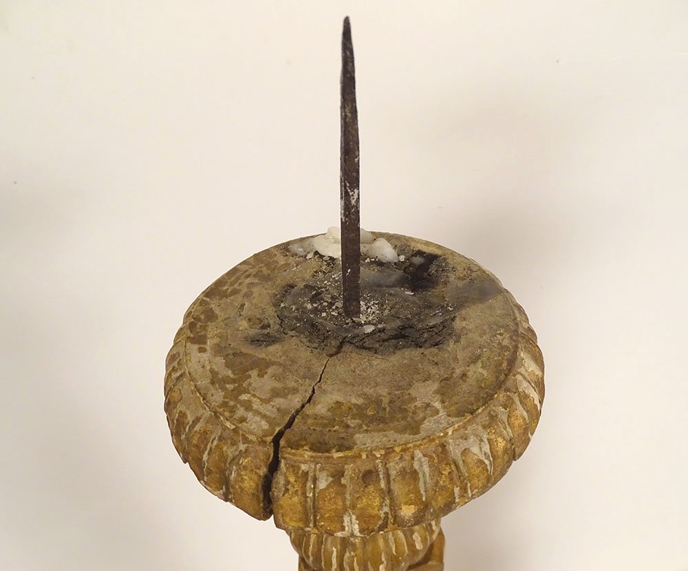 Pair Of Large Candle-holders Church Wood Carved Gilded Flowers 18th Century-photo-2