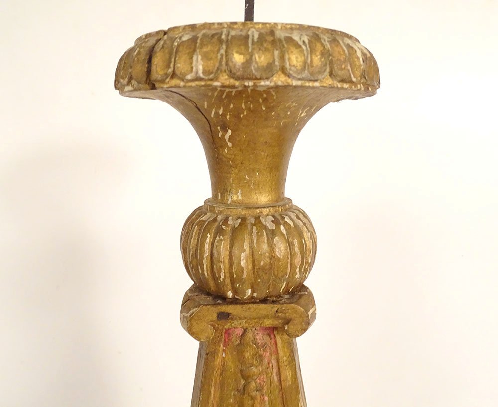Pair Of Large Candle-holders Church Wood Carved Gilded Flowers 18th Century-photo-3