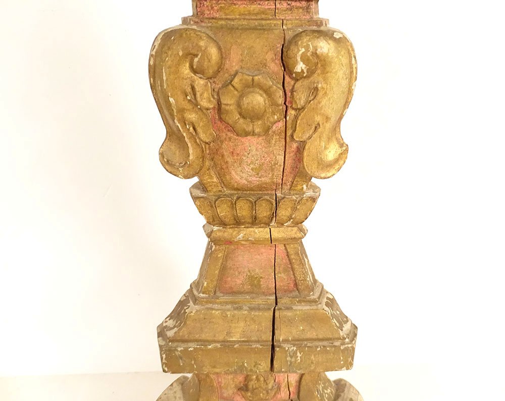 Pair Of Large Candle-holders Church Wood Carved Gilded Flowers 18th Century-photo-4