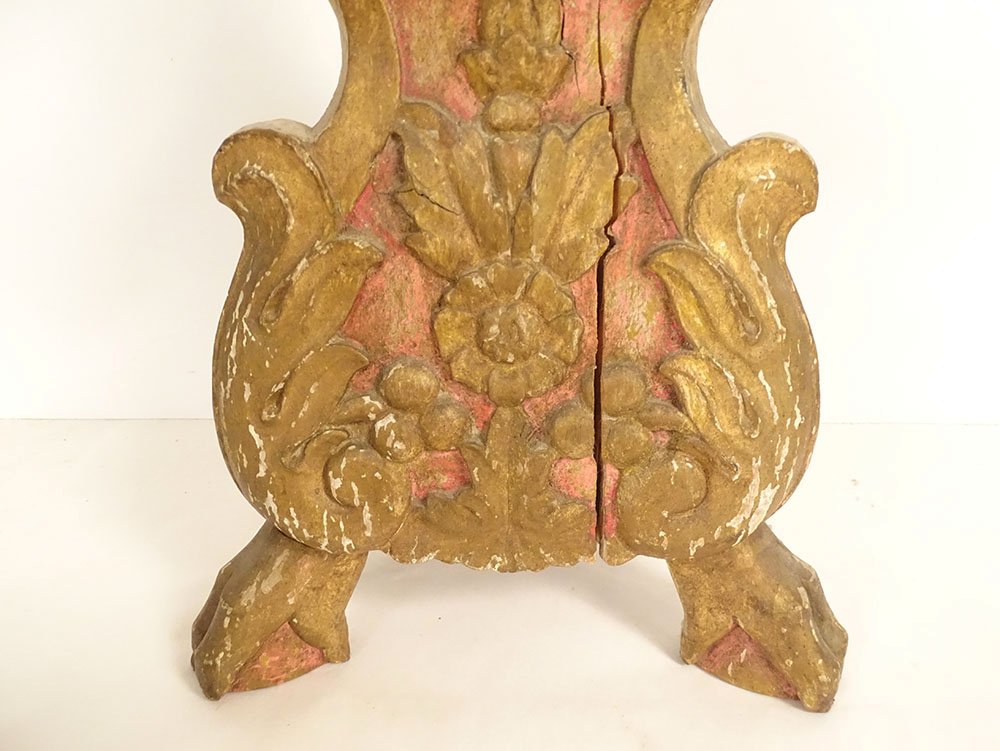 Pair Of Large Candle-holders Church Wood Carved Gilded Flowers 18th Century-photo-1