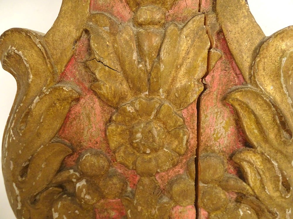 Pair Of Large Candle-holders Church Wood Carved Gilded Flowers 18th Century-photo-3